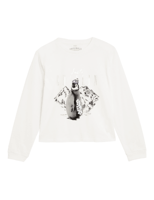 

M&S Collection Oberteil aus reiner Baumwolle mit Pailletten und Penguinmuster (6-16 J.) - White Mix, White Mix