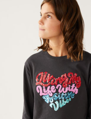 Pure Cotton Sequin Slogan Top (6-16 Yrs) | M&S US