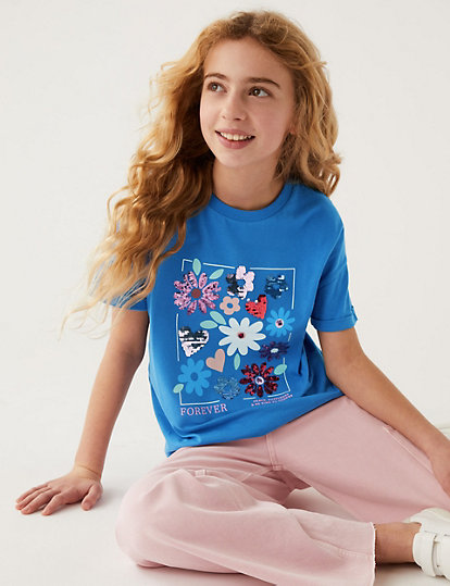 Pure Cotton Sequin Floral T-Shirt (6-16 Yrs)