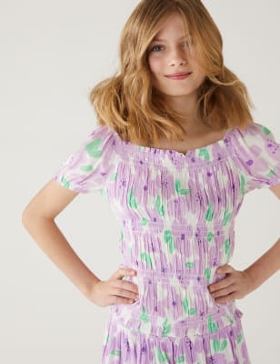 

Girls M&S Collection Shirred Floral Top (6-16 Yrs) - Lilac Mix, Lilac Mix