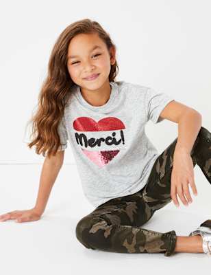T-shirt avec texte &laquo;&nbsp;Merci&nbsp;&raquo; orn&eacute; de sequins (du 3 au 16&nbsp;ans)