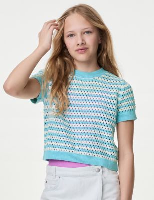 M&S Girls Pure Cotton Knitted Top (6-16 Yrs) - 11-12 - Blue, Blue,Yellow