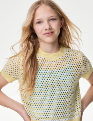 M&S Girls Pure Cotton Knitted Top (6-16 Yrs) - 7-8 Y - Yellow, Yellow,Blue