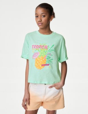 M&S Girls Pure Cotton Tropical Graphic T-Shirt (6-16 Yrs) - 6-7 Y - Mint, Mint