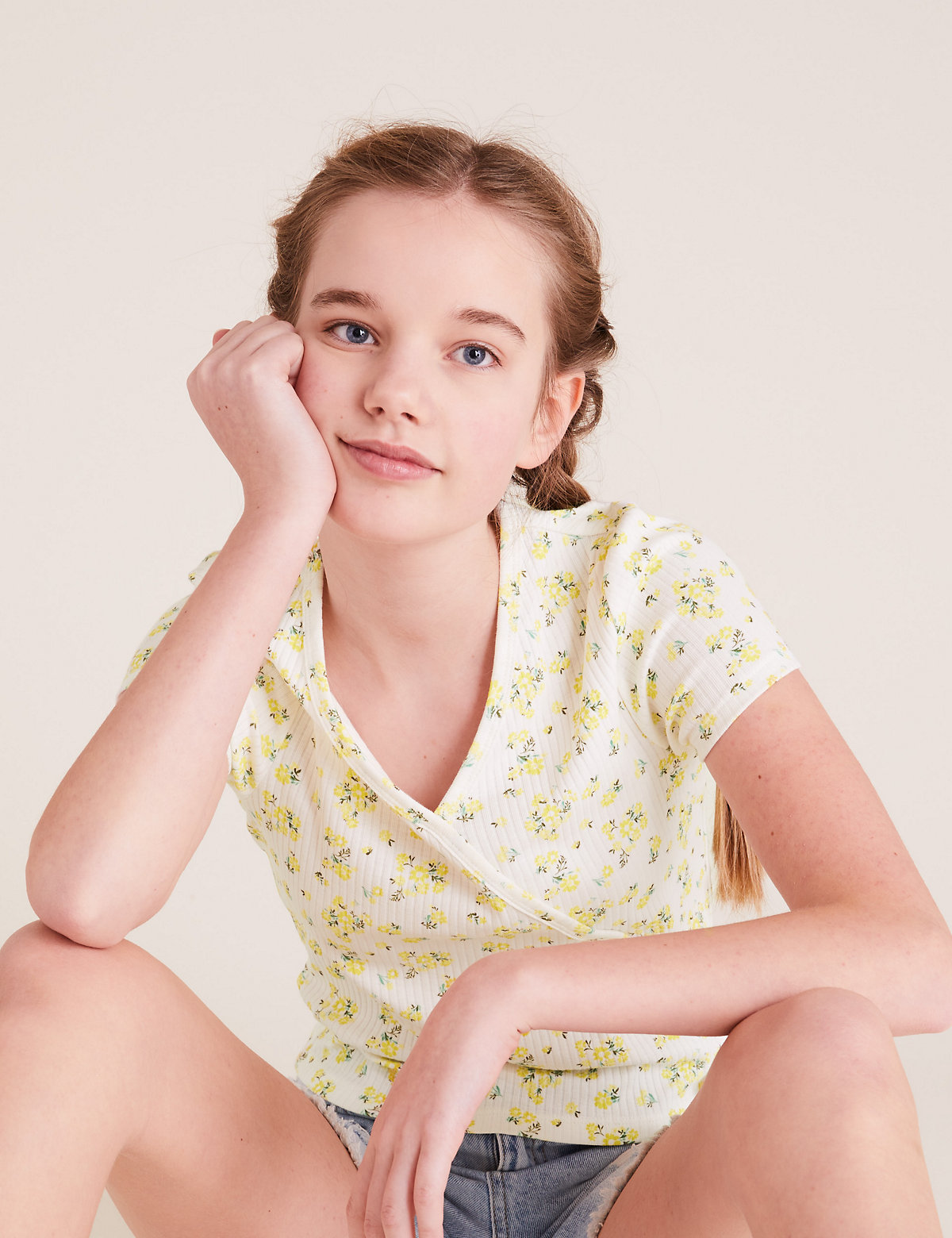 Pure Cotton Floral Ribbed Top (6-16 Yrs)