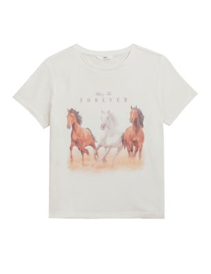 

M&S Collection T-Shirt aus reiner Baumwolle mit Pferdemuster (6-16 J.) - White Mix, White Mix