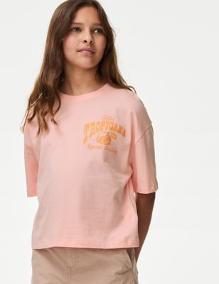 M&S Girls Pure Cotton Squeeze The Day Graphic T-Shirt (6-16 Yrs) - 7-8 Y - Coral, Coral