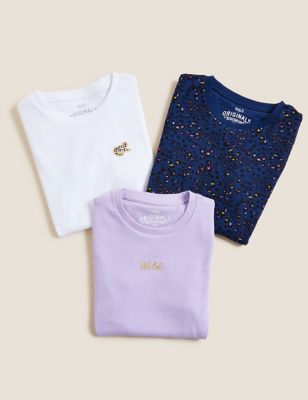 M&S Girls 3pk Cotton Rich Patterned T-Shirts (6-16 Yrs)