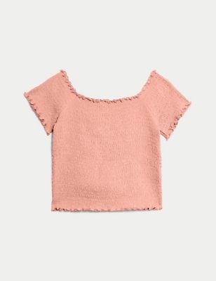 M&S Girls Shirred Top (6-16 Yrs) - 6-7 Y - Coral, Coral,Lilac