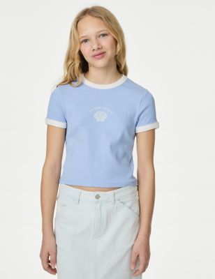 M&S Girls Cotton Rich Shell Print Ribbed T-Shirt (6-16 Yrs) - 7-8 Y - Blue, Blue,Ecru