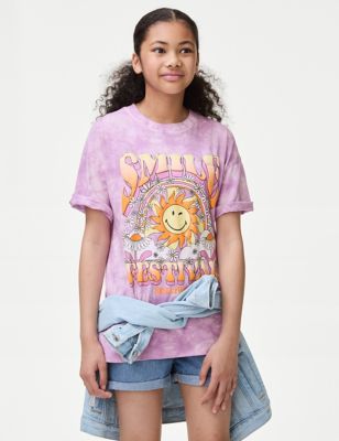 M&S Girl's Pure Cotton SmileyWorld T-Shirt (6-16 Yrs) - 6-7 Y - Purple Mix, Purple Mix