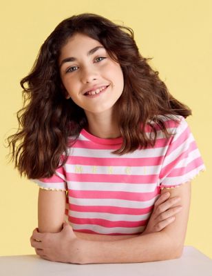 T-shirt en coton à rayures côtelées avec texte « Merci » (du 6 au 14 ans) - Pink Mix