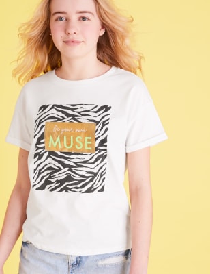 T-shirt 100 % coton avec texte « Animal Muse » (du 6 au 16 ans) - White Mix
