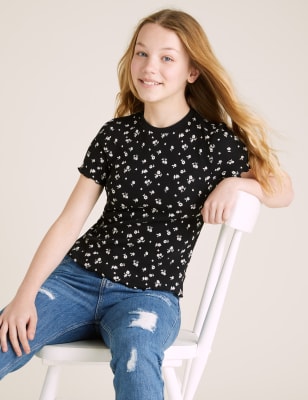 

Girls M&S Collection Cotton Rich Floral Print Ribbed T-shirt (6-16 Yrs) - Black Mix, Black Mix