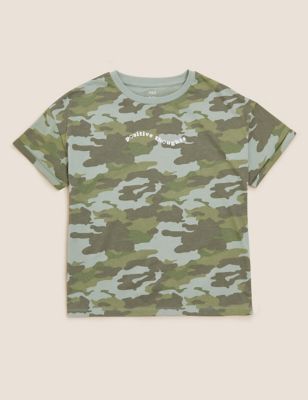 M&S Girls Pure Cotton Camouflage Slogan T-Shirt (6-16 Yrs)