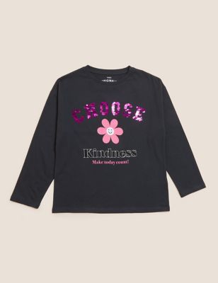 M&S Girls Pure Cotton Sequin Kindness Slogan Top (6-16 Yrs)