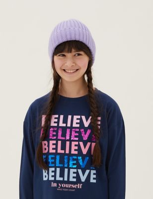 

Girls M&S Collection Pure Cotton Believe Slogan Sequin Top (6-16 Yrs) - Navy, Navy