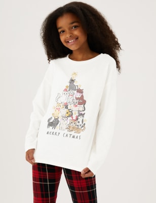 

M&S Collection T-Shirt aus reiner Baumwolle mit Schriftzug „Merry Catmus“ (6-16 Jahre) - White, White