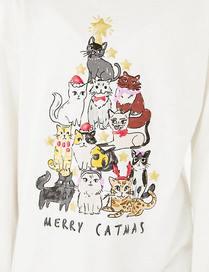 Pure Cotton Merry Catmus Slogan T-shirts (6-16 Yrs)