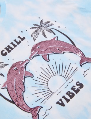 

M&S Collection T-Shirt aus reiner Baumwolle mit Pailletten und „Chill Vibes“ (6-16 J.) - Blue Mix, Blue Mix
