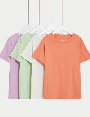 M&S Girls 4pk Pure Cotton Embroidered Palm T Shirts (6 - 16 Yrs) - 6-7 Y - Multi, Multi