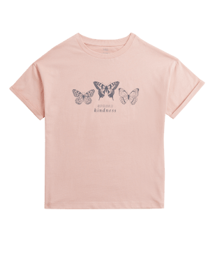 M&S Girls Pure Cotton Butterfly Slogan T-Shirt (6-16 Yrs)