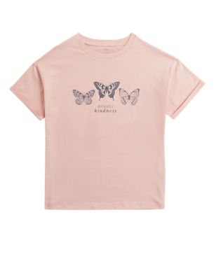 M&S Girls Pure Cotton Butterfly Slogan T-Shirt (6-16 Yrs)