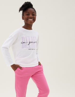 

M&S Collection Oberteil aus reiner Baumwolle mit Schriftzug „Believe“ (6-16 Jahre) - White, White