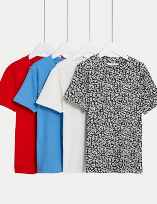 M&S Girls 4pk Cotton Rich T-Shirts (6-16 Yrs) - 7-8 Y - Multi, Multi