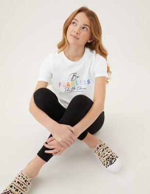 

M&S Collection T-Shirt aus reiner Baumwolle mit Schriftzug „Be Fearless“ (6-16 J.) - White Mix, White Mix