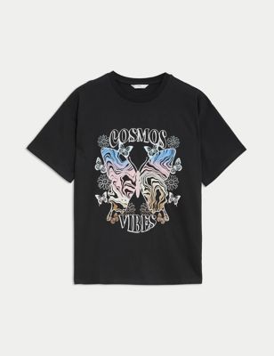 M&S Girls Pure Cotton Butterfly Print T-Shirt (6-16 Yrs) - 7-8 Y - Charcoal, Charcoal