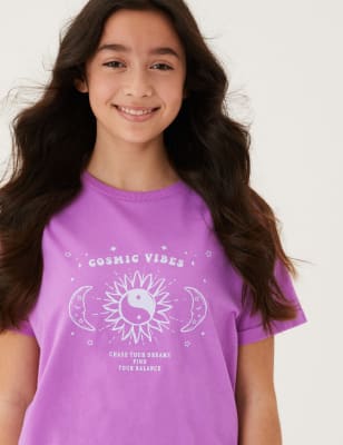

M&S Collection T-Shirt aus reiner Baumwolle mit Schriftzug „Cosmic Vibes“ (6-16 J.) - Bright Pink, Bright Pink