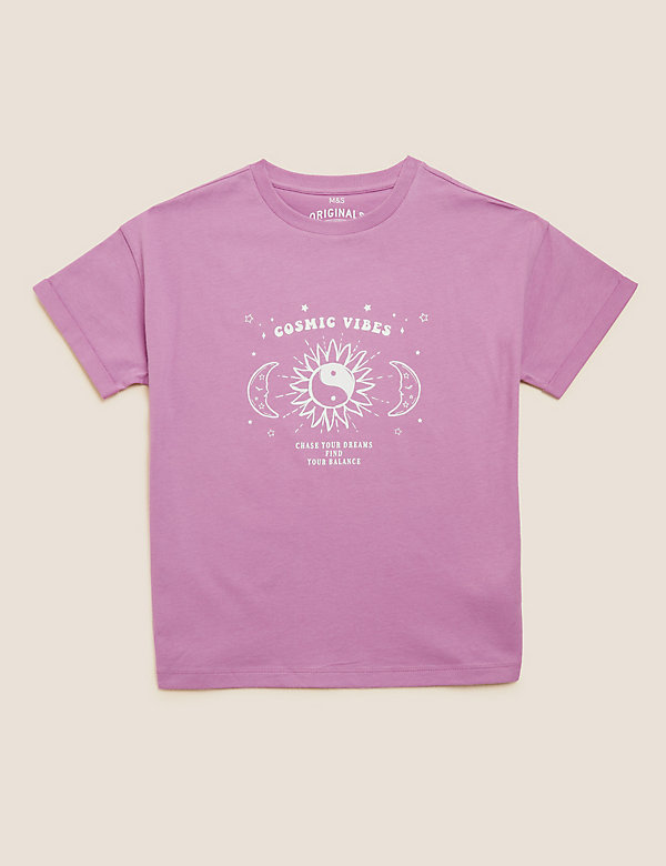 T-Shirt aus reiner Baumwolle mit Schriftzug „Cosmic Vibes“ (6–16 J.)