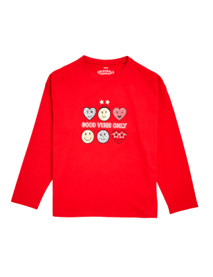 Girls M&S Collection Pure Cotton Slogan Top (6-16 Yrs) - Red