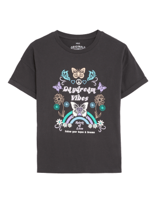 

M&S Collection T-Shirt aus reiner Baumwolle mit glitzerndem Schmetterlingsmotiv (6-16 J.) - Charcoal, Charcoal