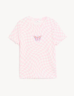 

M&S Collection Camiseta de algodón con diseño de tablero de ajedrez y mariposa (6-16 años) - Coral, Coral