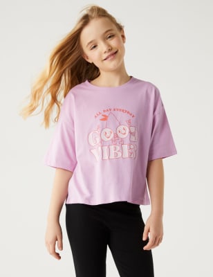 

Girls M&S Collection Pure Cotton Good Vibes Slogan T-Shirt (6 -16 Yrs) - Pink, Pink