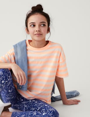 

Girls Cotton Rich Striped T-Shirt (6-16 Yrs) - Coral, Coral