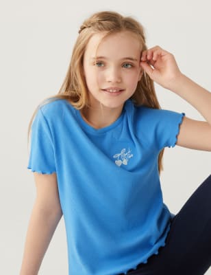 

Girls Cotton Rich Embroidered Ribbed T-Shirt (6-16 Yrs) - Blue, Blue