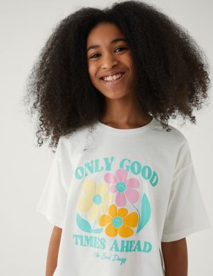 Pure Cotton Floral Slogan T-Shirt (6-16 Yrs)