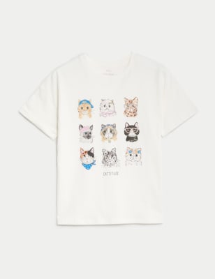 

M&S Collection T-Shirt aus reiner Baumwolle mit Katzenmotiv (6-16 J.) - Ivory, Ivory