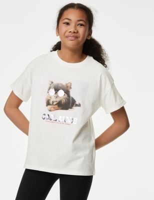 M&S Girls Pure Cotton Graphic T-Shirt - 14-15 - Ivory, Ivory