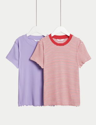 M&S Girl's 2pk Cotton Rich Striped & Ribbed T-Shirts (6-16 Yrs) - 6-7 Y - Multi, Multi,Ivory Mix
