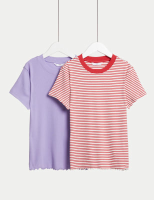 2pk Cotton Rich Striped & Ribbed T-Shirts (6-16 Yrs)