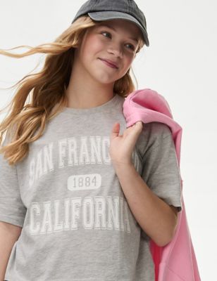 M&S Girls Cotton Rich San Francisco Slogan T-Shirt (6-16 Yrs) - 14-15 - Grey, Grey,Multi,Ivory
