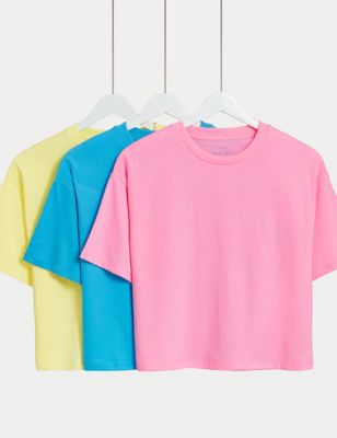 M&S Girls 3pk Cotton Rich T-Shirts (6-16 Yrs) - 7-8 Y - Yellow Mix, Yellow Mix,Lilac Mix