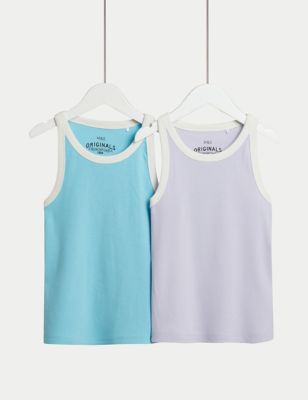 M&S Girls 2pk Cotton Rich Ribbed Vest Tops (6-16 Yrs) - 7-8 Y - Lilac Mix, Lilac Mix,Green Mix,Pink 