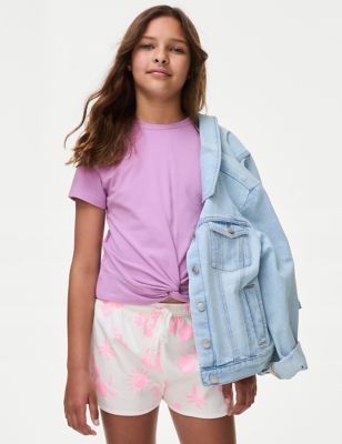 M&S Girl's Cotton Rich Twist Front T-Shirt (6-16 Yrs) - 14-15 - Purple, Purple,Green,Orange,Blue