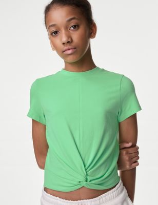 M&S Girls Cotton Rich Twist Front T-Shirt (6-16 Yrs) - 6-7 Y - Green, Green,Blue