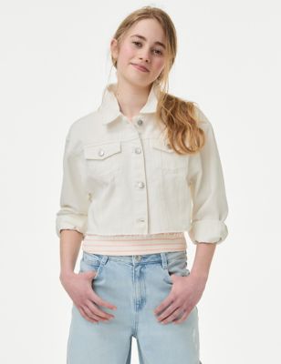M&S Girl's Cropped Denim Jacket (6-16 Yrs) - 7-8 Y - Ivory, Ivory